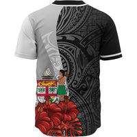 Fiji Polynesian Custom Personalised Baseball Shirt - Coat Of Arm With Hibiscus White - Polynesian Pride