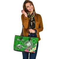Fiji Custom Personalised Large Leather Tote Bag - Turtle Plumeria (Green) - Polynesian Pride