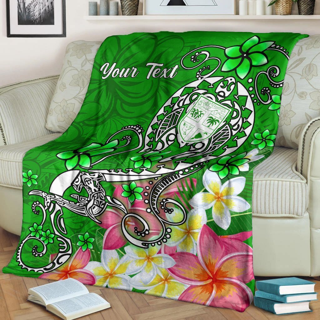 Fiji Custom Personalised Premium Blanket - Turtle Plumeria (Green) White - Polynesian Pride