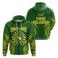 Cook Islands Rugby Zip up Hoodie Tribal Pattern LT12 Unisex Green - Polynesian Pride