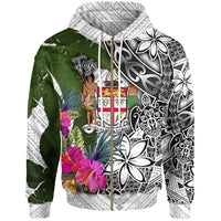 Fiji Zip up Hoodie White Turtle Plumeria Banana Leaf Crest Unisex White - Polynesian Pride