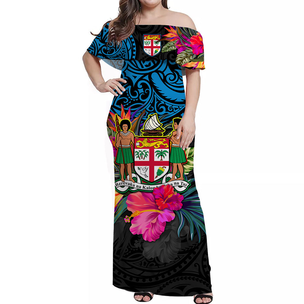 Fiji Off Shoulder Long Dress Alluring Polynesia and Tropical Flowers LT13 Women Black - Polynesian Pride
