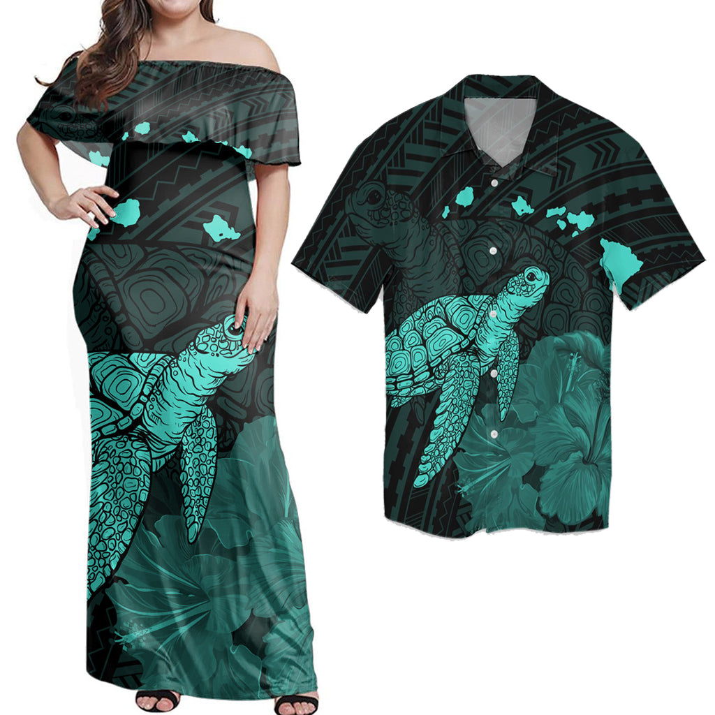 Polynesian Couple Outfits Matching Dress and Hawaiian Shirt Hawaii Polynesian Hibiscus Turtle Map Turquoise RLT14 - Polynesian Pride