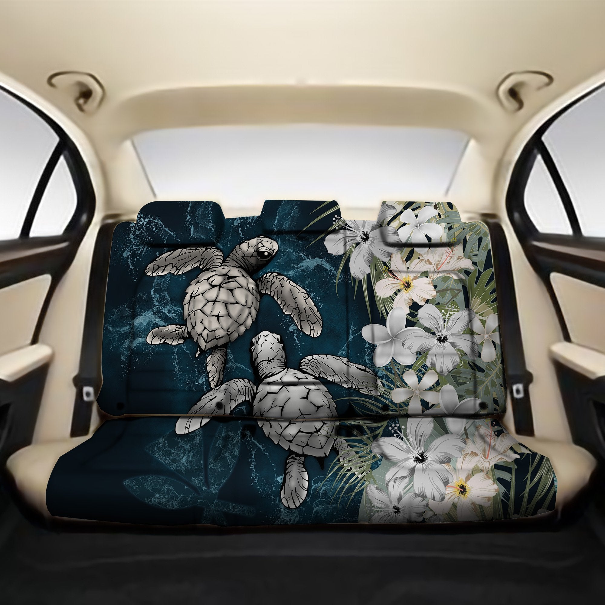 Kanaka Maoli (Hawaiian) Back Car Seat Covers - Sea Turtle Tropical Hibiscus And Plumeria White Back Car Seat Covers One Size White - Polynesian Pride