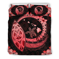 Hawaiian Map Hibiscus Plumeria Turtle Polynesian Bedding Set Red White - Polynesian Pride