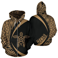 Hawaii Turtle Polynesian Zip up Hoodie Circle Style Golden Color Unisex Gold - Polynesian Pride