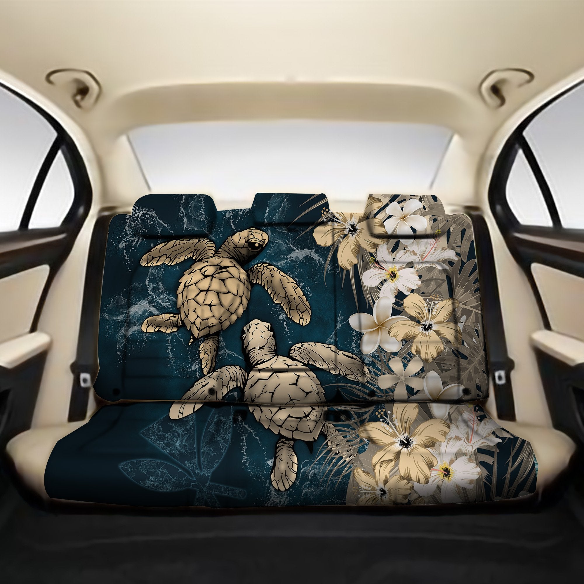 Kanaka Maoli (Hawaiian) Back Car Seat Covers - Sea Turtle Tropical Hibiscus And Plumeria Gold Back Car Seat Covers One Size Gold - Polynesian Pride