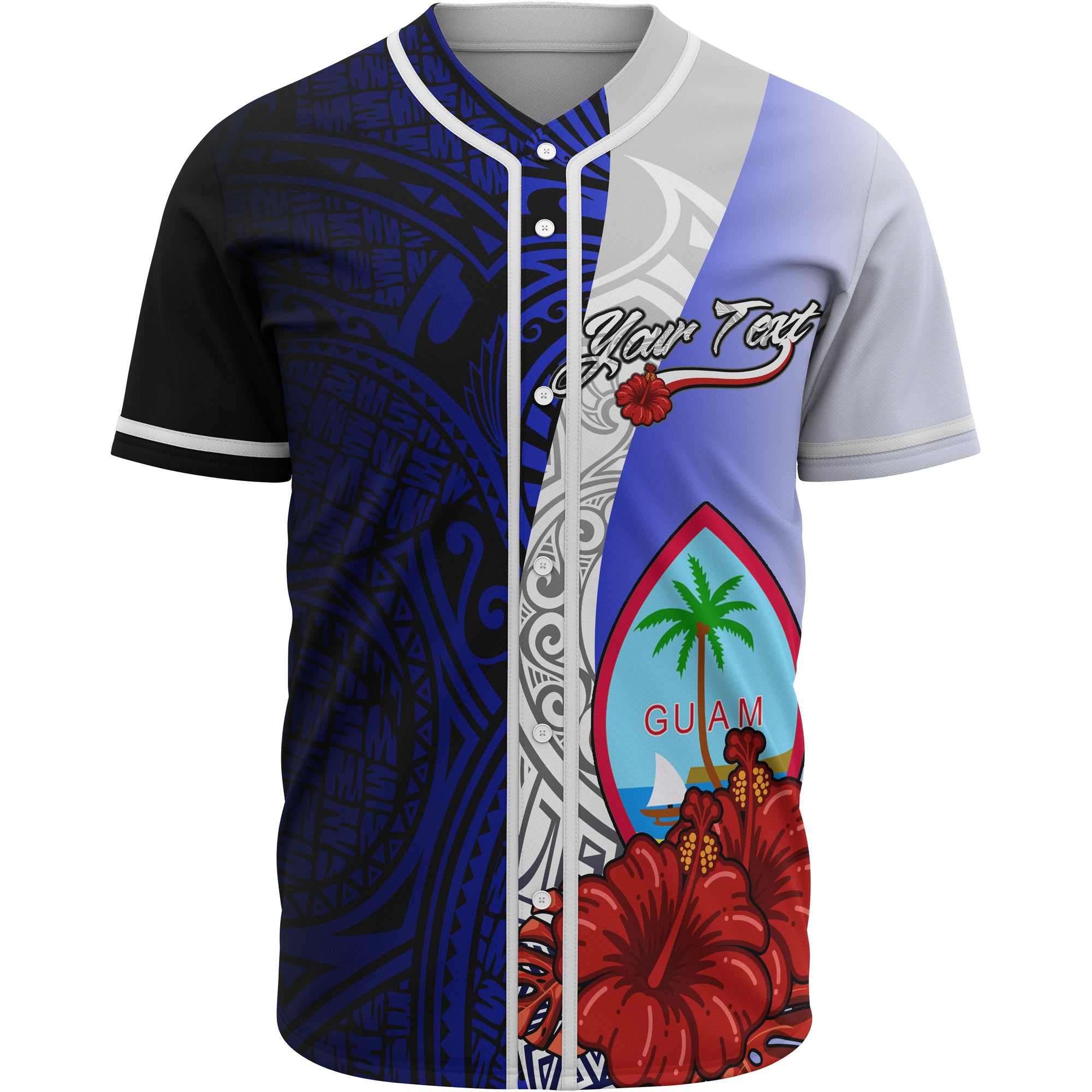 Guam Polynesian Custom Personalised Baseball Shirt - Coat Of Arm With Hibiscus Blue Unisex Blue - Polynesian Pride