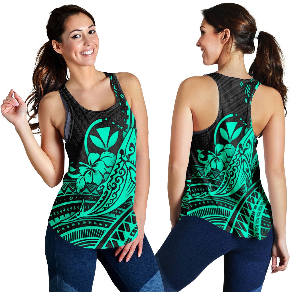 Hawaii Humpback Whale With Hibiscus Tribal Turquoise Women Tank Top - LT12 Blue - Polynesian Pride