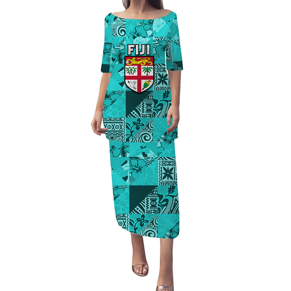 Fiji Puletasi Dress Vintage Hibiscus Fabric Pattern Ver.01 LT14 Turquoise - Polynesian Pride