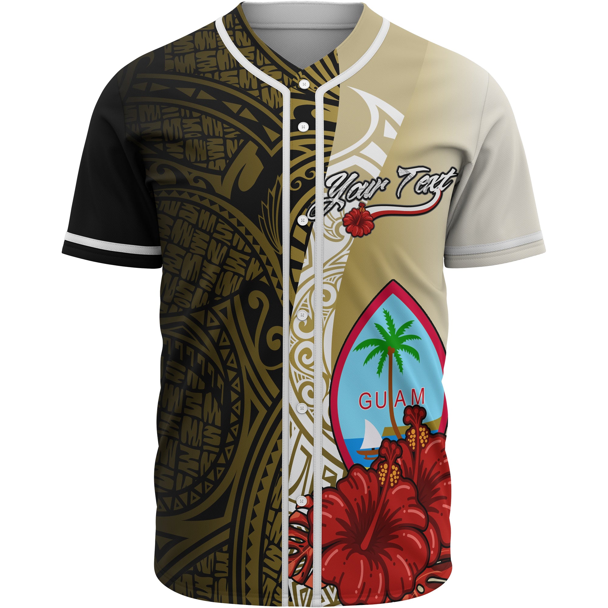 Guam Polynesian Custom Personalised Baseball Shirt - Coat Of Arm With Hibiscus Gold Unisex Gold - Polynesian Pride