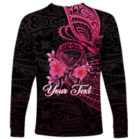 (Custom Personalised) Breast Cancer Pink Ribbon Butterfly Polynesian Black Version Long Sleeve Shirt - LT12 - Polynesian Pride