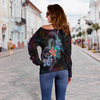 American Samoa Women's Off Shoulder Sweater - Plumeria Flowers Style - Polynesian Pride