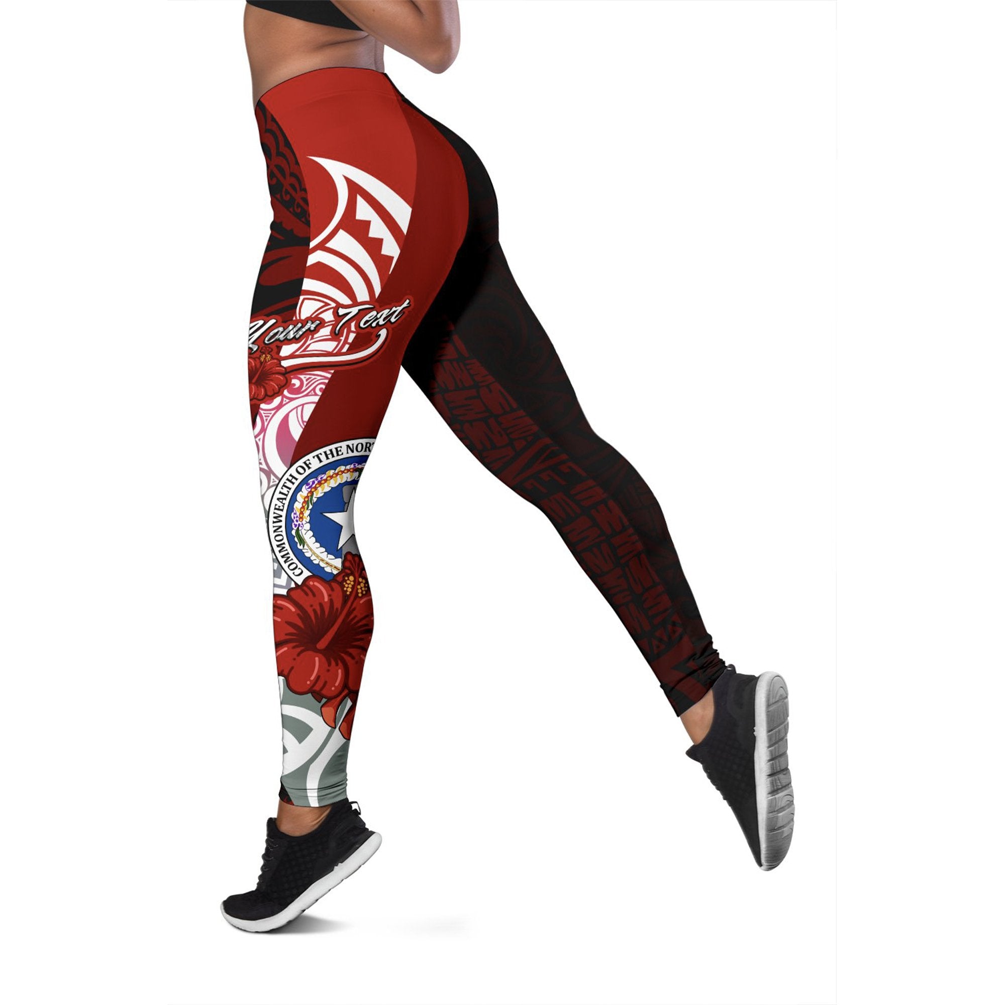 Northern Mariana Islands Polynesian Custom Personalised Legging - Coat Of Arm With Hibiscus Red - Polynesian Pride