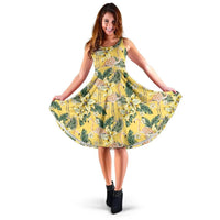 Hawaii Tropical Flamingo Yellow Midi Dress Midi Dress Green - Polynesian Pride