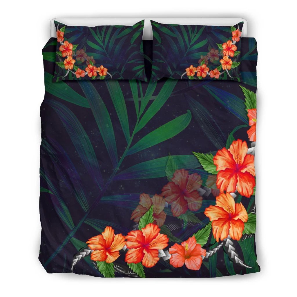 Hawaiian Hibiscus Palm Tree Background Polynesian Bedding Set Art - Polynesian Pride