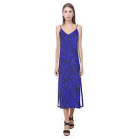 Tonga Pattern V - Neck Open Fork Long Dress - Blue Style Women Blue - Polynesian Pride