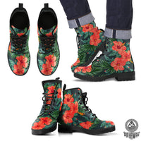 Hawaii Red Hibiscus Leather Boots Black & Green - Polynesian Pride