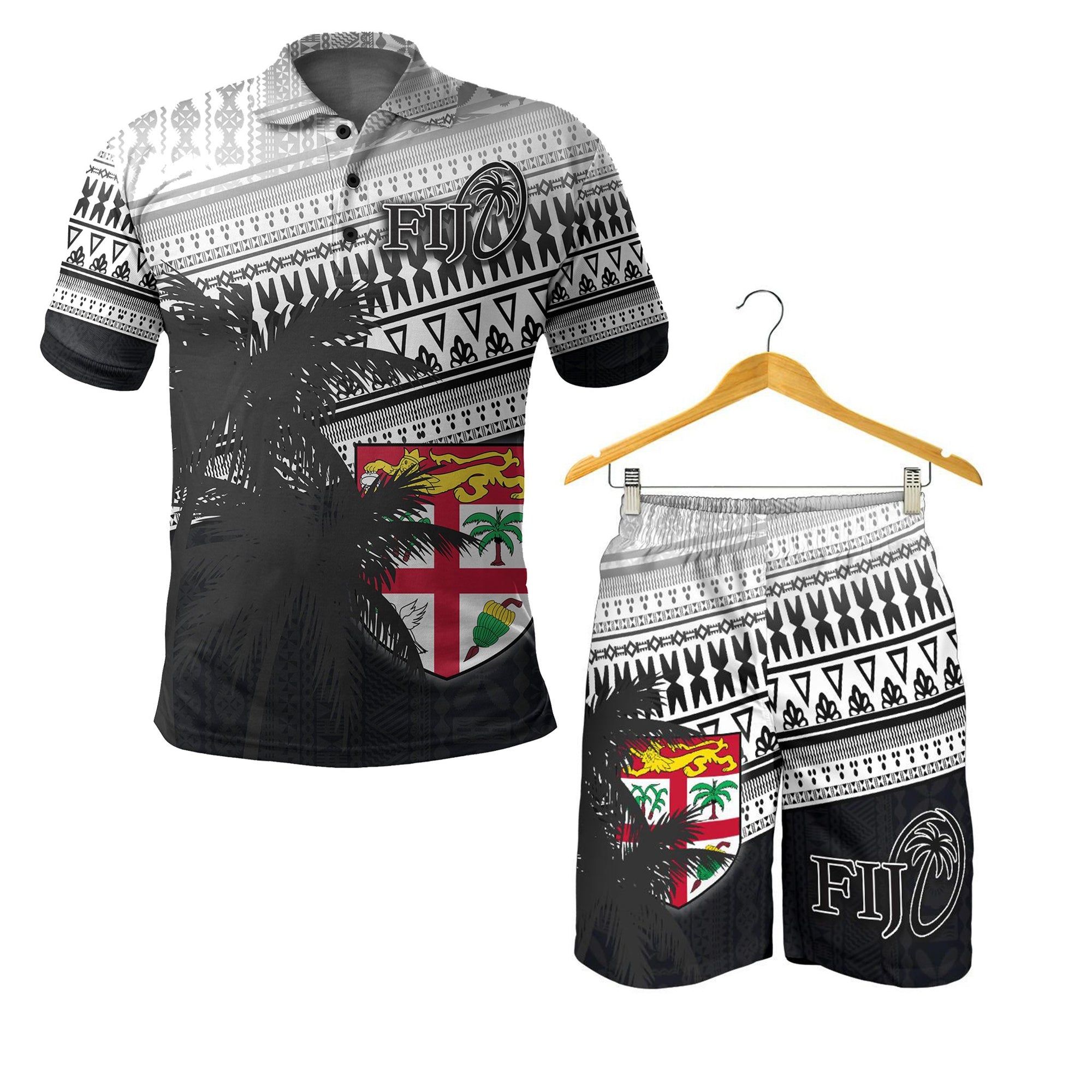 Combo Polo Shirt and Men Short Fiji Rugby Makare And Tapa Patterns White White - Polynesian Pride