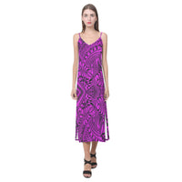 Tonga Pattern V - Neck Open Fork Long Dress - Pink Style Women Pink - Polynesian Pride