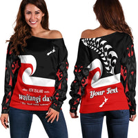 (Custom Personalised) Waitangi Day Off Shoulder Sweater Maori Fern and Tino Rangatiratanga Flag LT13 Black - Polynesian Pride