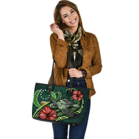 Pohnpei Micronesia Leather Tote Bag - Green Turtle Hibiscus - Polynesian Pride