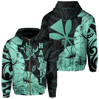 Hawaii Turtle Hoodie (Zipper) Polynesian Hibiscus Art Ver 2.0 Turquoise Unisex Turquoise - Polynesian Pride