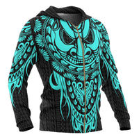 Polynesian All Over Zip up Hoodie Tattoo Tiki Neon Blue - Polynesian Pride