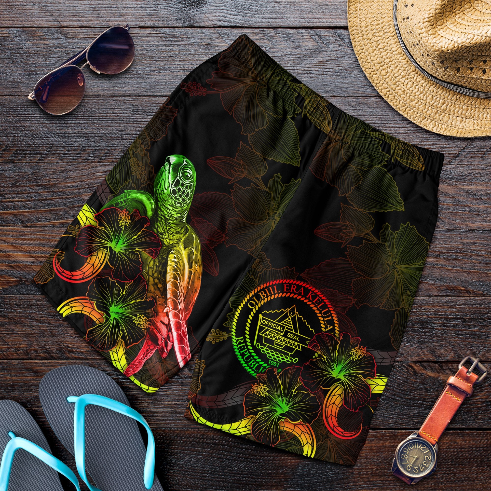 Palau Polynesian Men's Shorts - Turtle With Blooming Hibiscus Reggae Reggae - Polynesian Pride