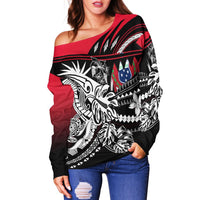 Samoa Women's Off Shoulder Sweater - Tribal Jungle Pattern Red Color - Polynesian Pride