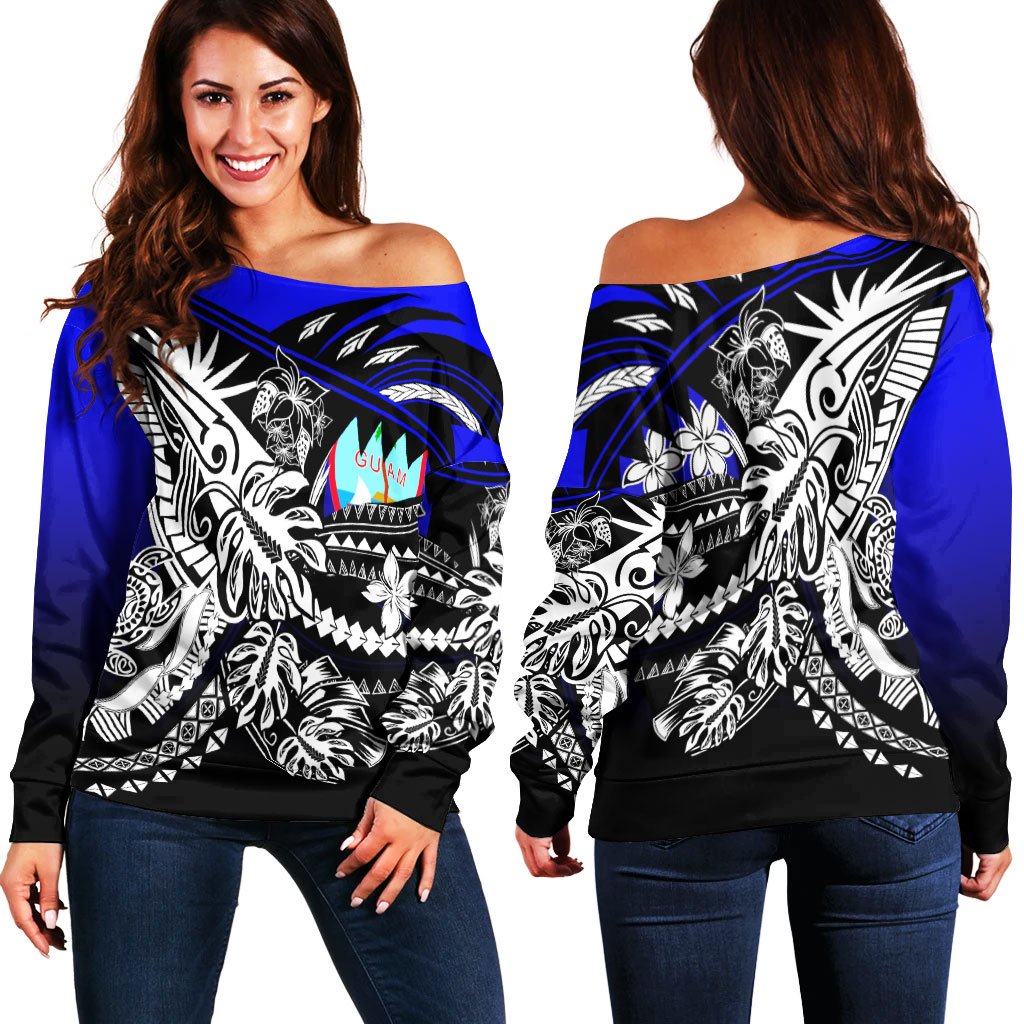 Guam Women's Off Shoulder Sweaters - Tribal Jungle Pattern Blue Color Blue - Polynesian Pride