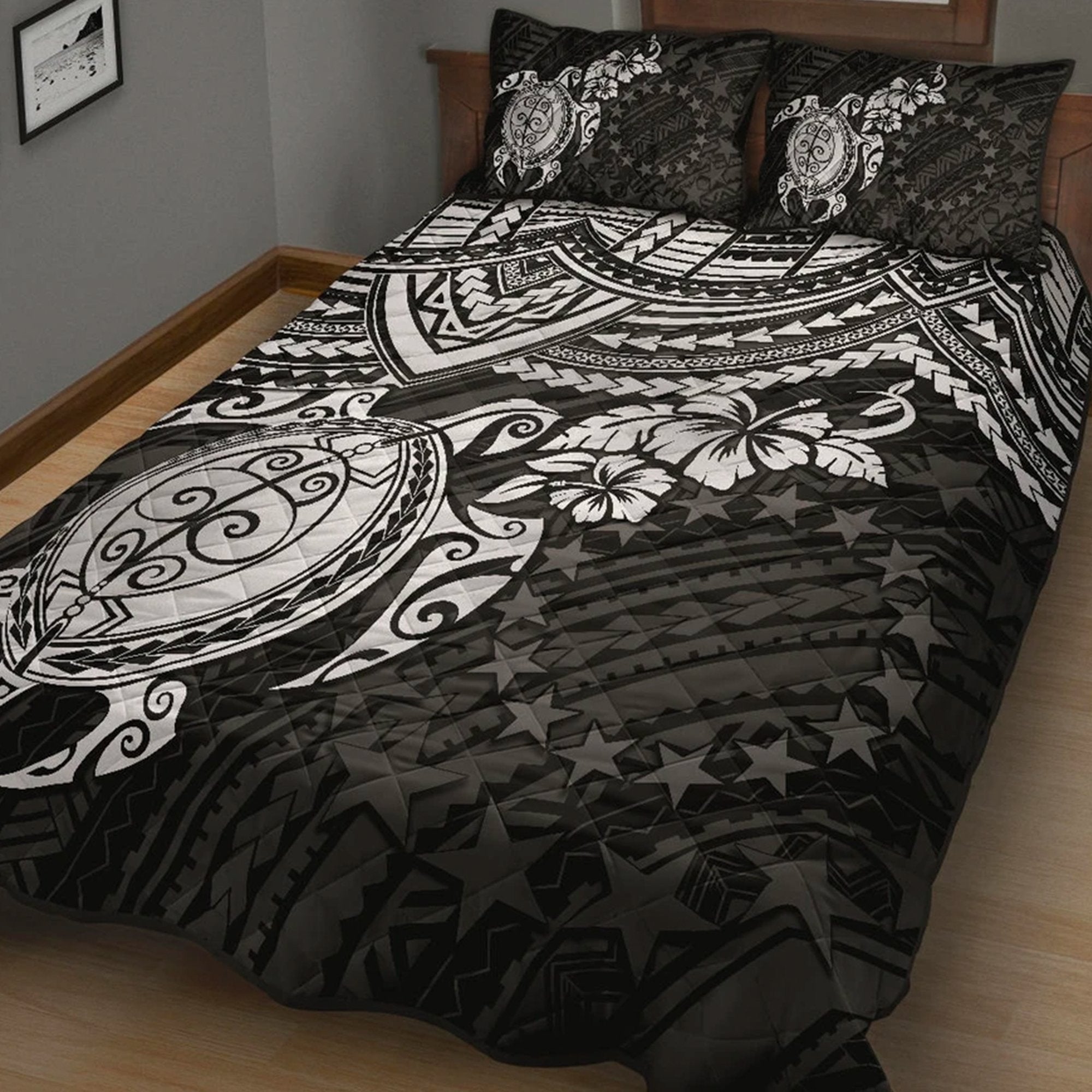 Polynesian Quilt Bed Set - Cook Islands Duvet Cover Set - Polynesian Turtle White - Polynesian Pride
