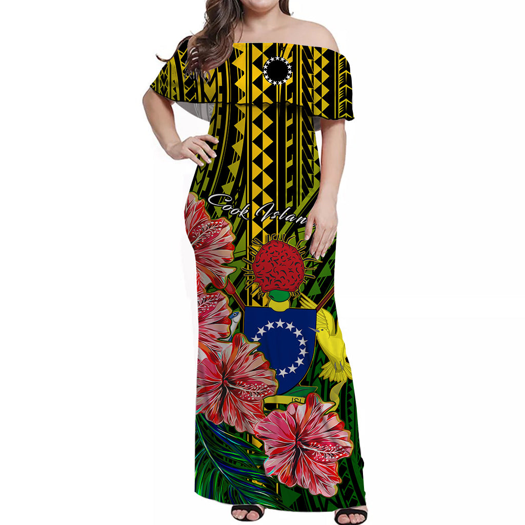 Cook Islands Off Shoulder Long Dress Polynesian Pattern and Hibiscus Flowers LT13 Long Dress Black - Polynesian Pride
