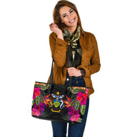 Solomon Islands Large Leather Tote - Polynesian Hibiscus Pattern - Polynesian Pride