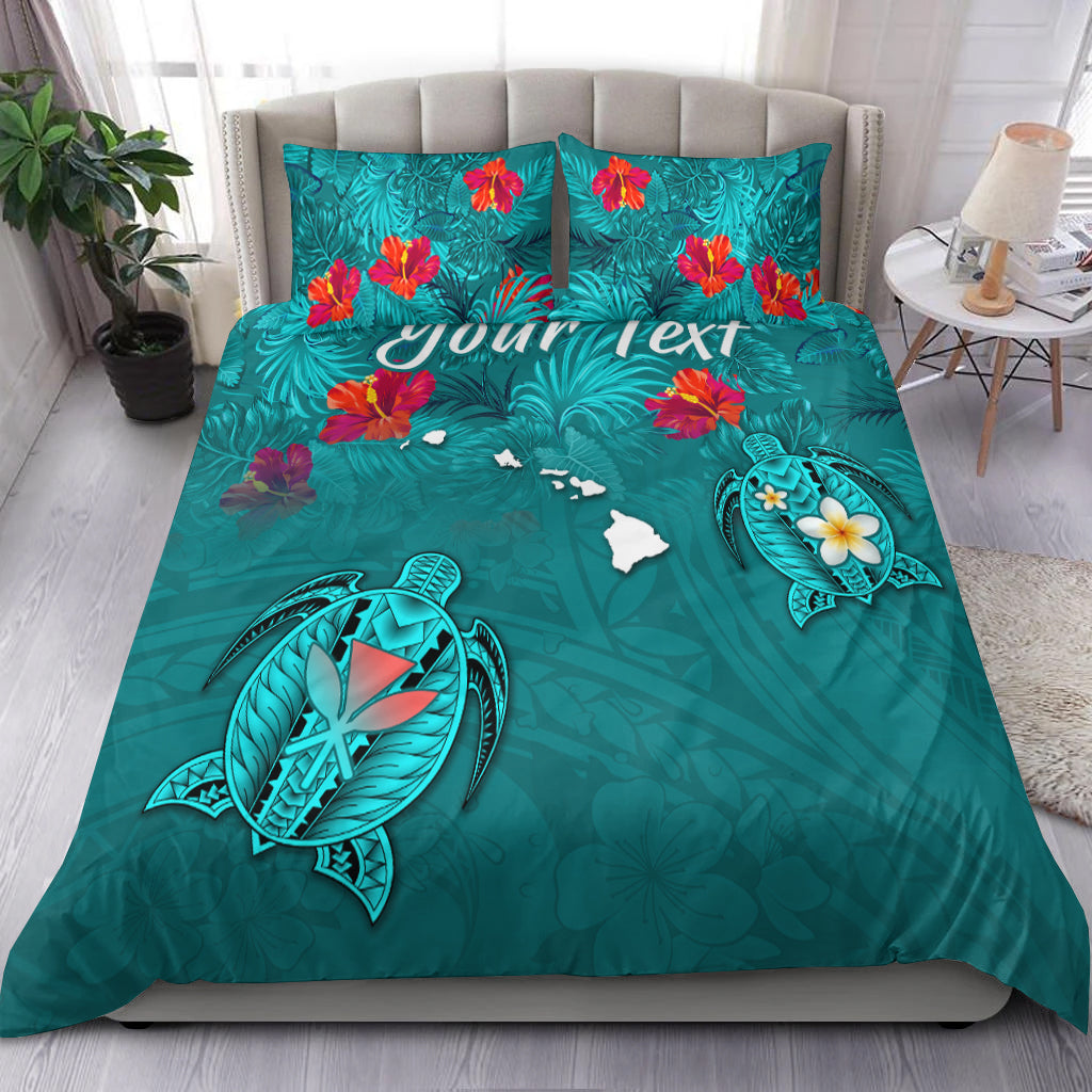 (Custom Personalised) Hawaiian Islands Bedding Set - Hawaii Tropical Flowers and Turtles Turquoise LT13 3 Pieces Bedding Set Turquoise - Polynesian Pride