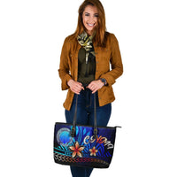 Northern Mariana Islands Large Leather Tote Bag - Vintage Tribal Mountain - Polynesian Pride