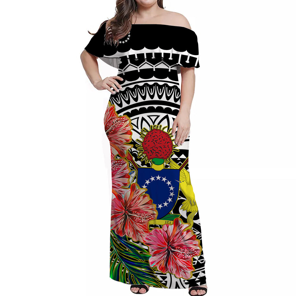 Cook Islands Off Shoulder Long Dress Hibiscus Flowers Style Black LT13 Long Dress Black - Polynesian Pride