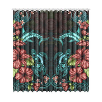 Turtle And Shark With Hibiscus Window Curtain ( Two Piece) Turquoise One Size 50"x108"(Two Piece) Black - Polynesian Pride