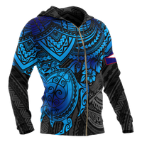 American Samoa Polynesian Hoodie (Zip up) Blue Turtle - Polynesian Pride