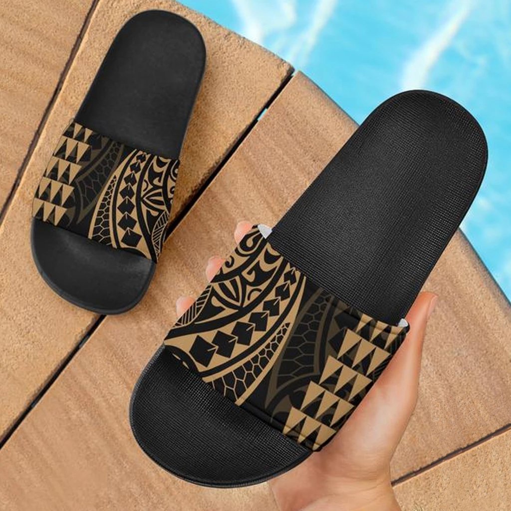 Hawaiian Polynesian Tribal Slide Sandals Gold Black Black - Polynesian Pride