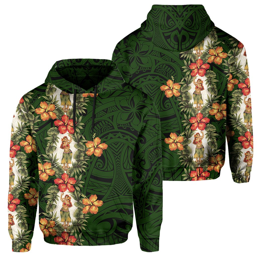 Hawaii Hoodie Hula Girl Tropical Style Pullover Hoodie Unisex Green - Polynesian Pride