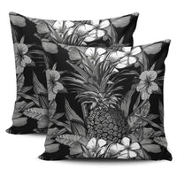 Pineapple Hibiscus Black And White Pillow Covers One Size Zippered Pillow Cases 18"x 18" (Twin Sides) (Set of 2) Black - Polynesian Pride