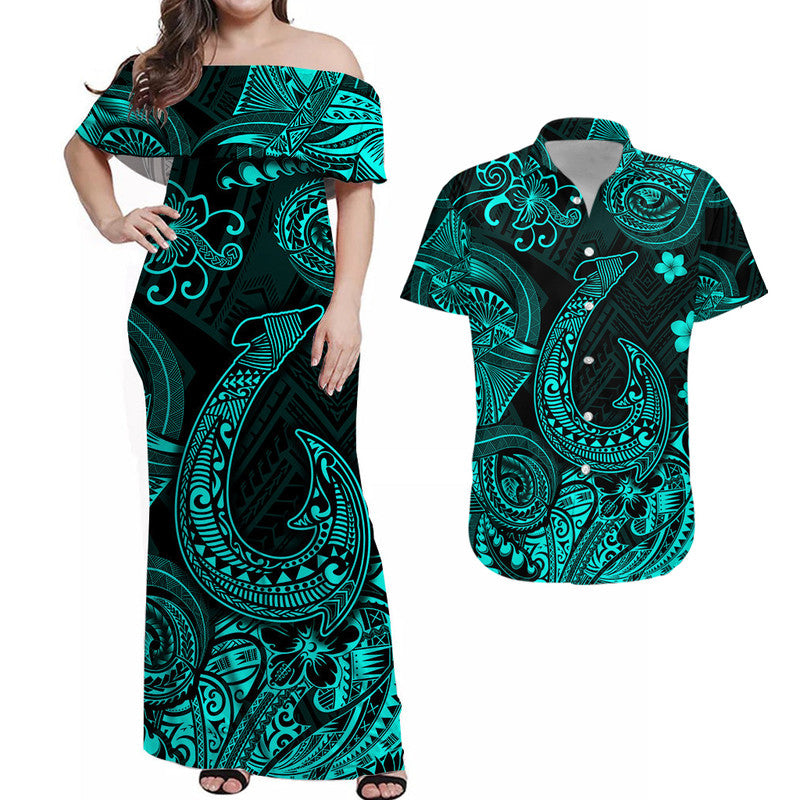Hawaii Fish Hook Polynesian Matching Dress and Hawaiian Shirt Matching Couples Outfit Unique Style Turquoise LT8 Turquoise - Polynesian Pride