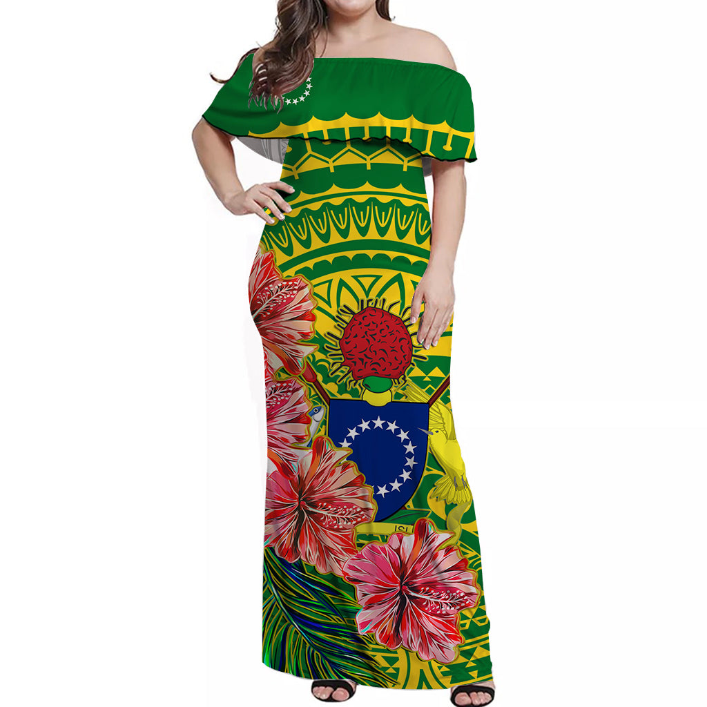 Cook Islands Off Shoulder Long Dress Hibiscus Flowers Style Green LT13 Long Dress Green - Polynesian Pride