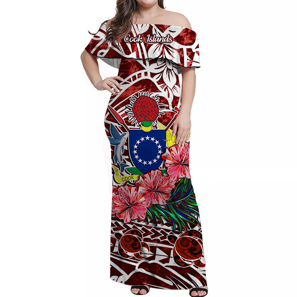 Cook Islands Off Shoulder Long Dress Hibiscus and Turtles Red LT13 Long Dress Red - Polynesian Pride