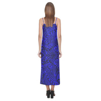 Tonga Pattern V - Neck Open Fork Long Dress - Blue Style - Polynesian Pride