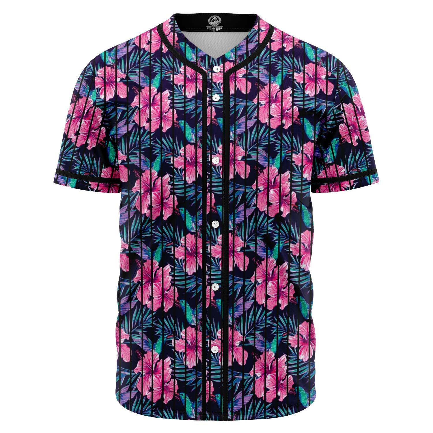 Tropical Flowers With Hummingbirds Palm Leaves Baseball Jersey Black - Polynesian Pride
