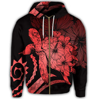Hawaiian Hawaii Turtle Hibiscus Polynesian Vintage Zip Hoodie Red - Polynesian Pride