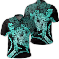 Hawaiian Hawaii Turtle Hibiscus Polynesian Vintage Polo Shirt Turquoise Unisex Black - Polynesian Pride