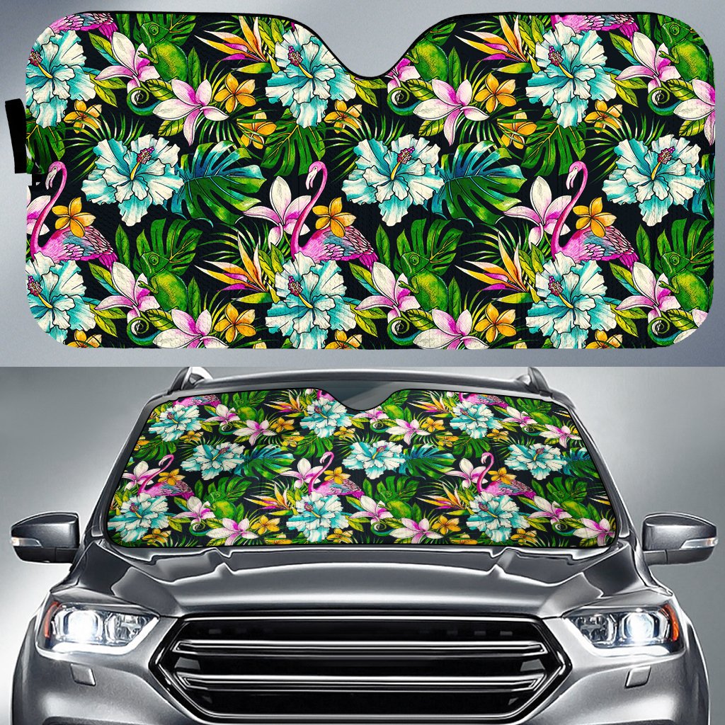 Animals And Tropical Flowers Hawaii Car Sun Shade Auto Sun Shade Universal Fit White - Polynesian Pride
